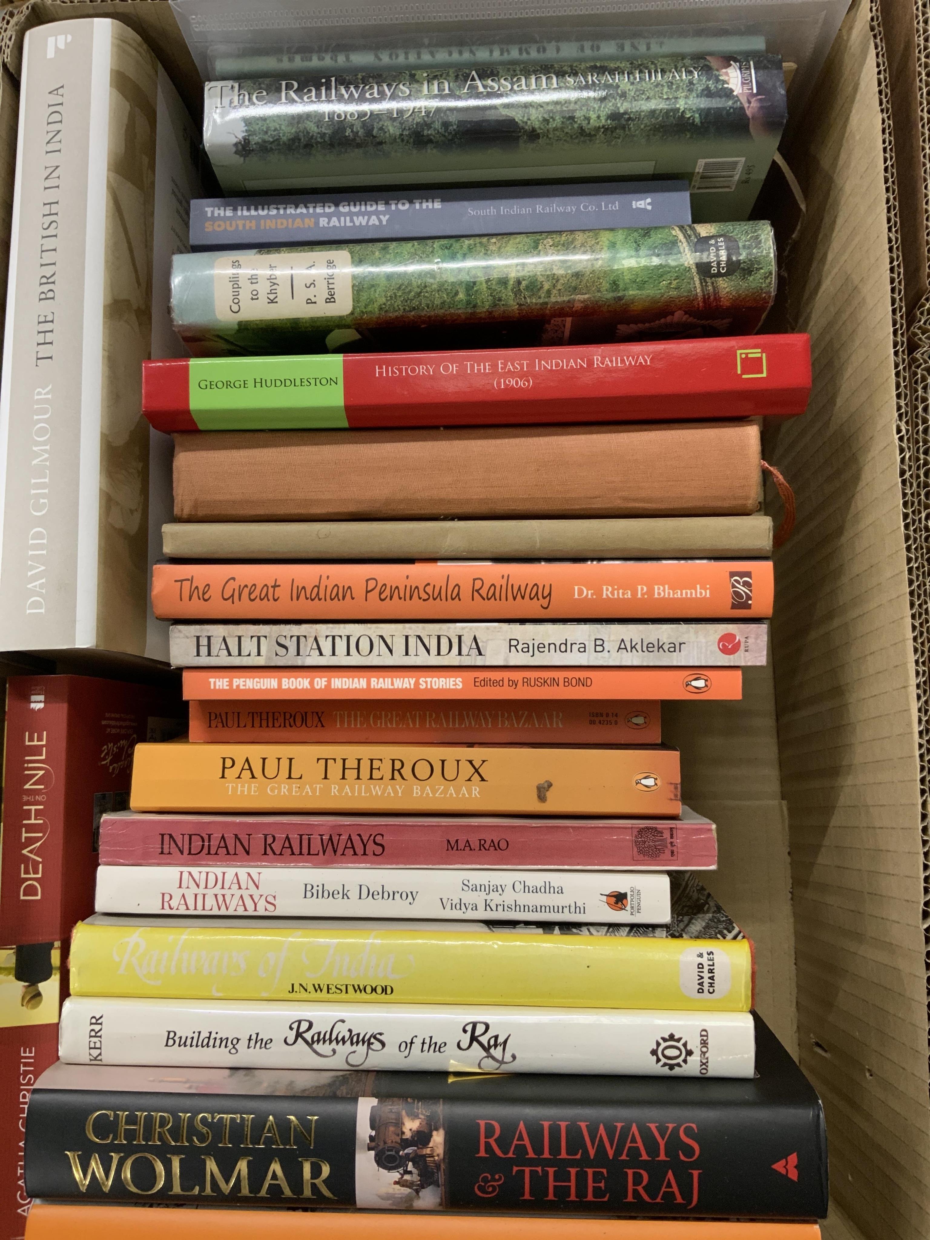 Eight boxes of railway related books, etc. subjects include; Indian railways, United States railways, Great Western Railway, steam trams, Union Pacific Railway, etc. publishers include; Middleton Press, Ian Allan, David